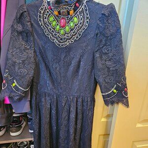 Alice and Olivia Black Lace beaded midi dress